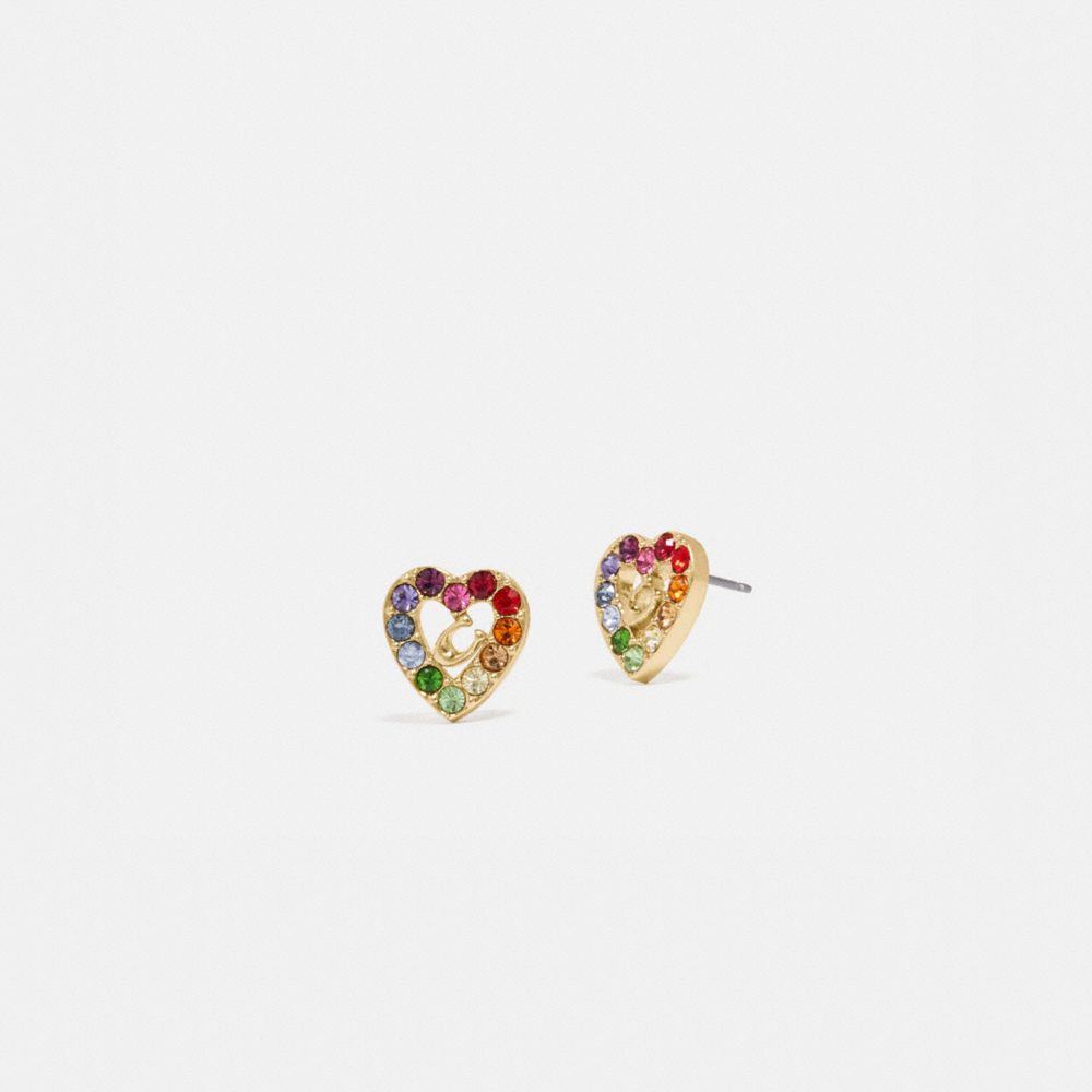 RAINBOW PAVE SCULPTED SIGNATURE HEART STUD EARRINGS
