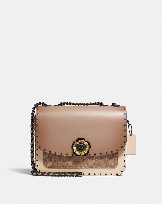 MADISON SHOULDER BAG IN SIGNATURE CANVAS WITH RIVETS AND SNAKESKIN DETAIL