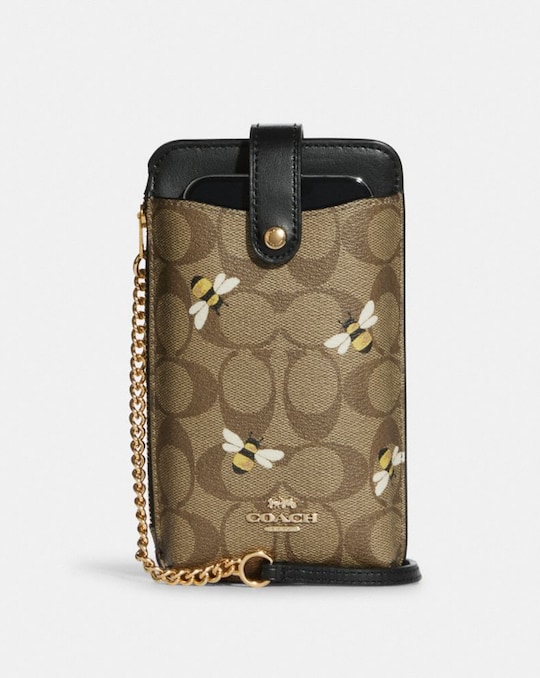 PHONE CROSSBODY IN SIGNATURE CANVAS WITH BEE PRINT