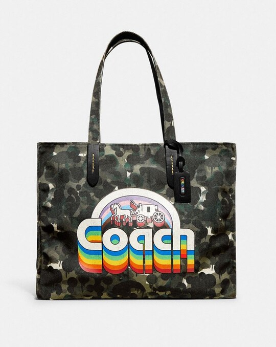 RECYCLED CANVAS TOTE 42 WITH CAMO PRINT AND RAINBOW HORSE AND CARRIAGE