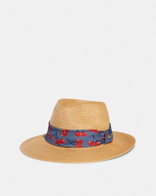 STRAW BRIMMED HAT WITH CHERRY PRINT SCARF